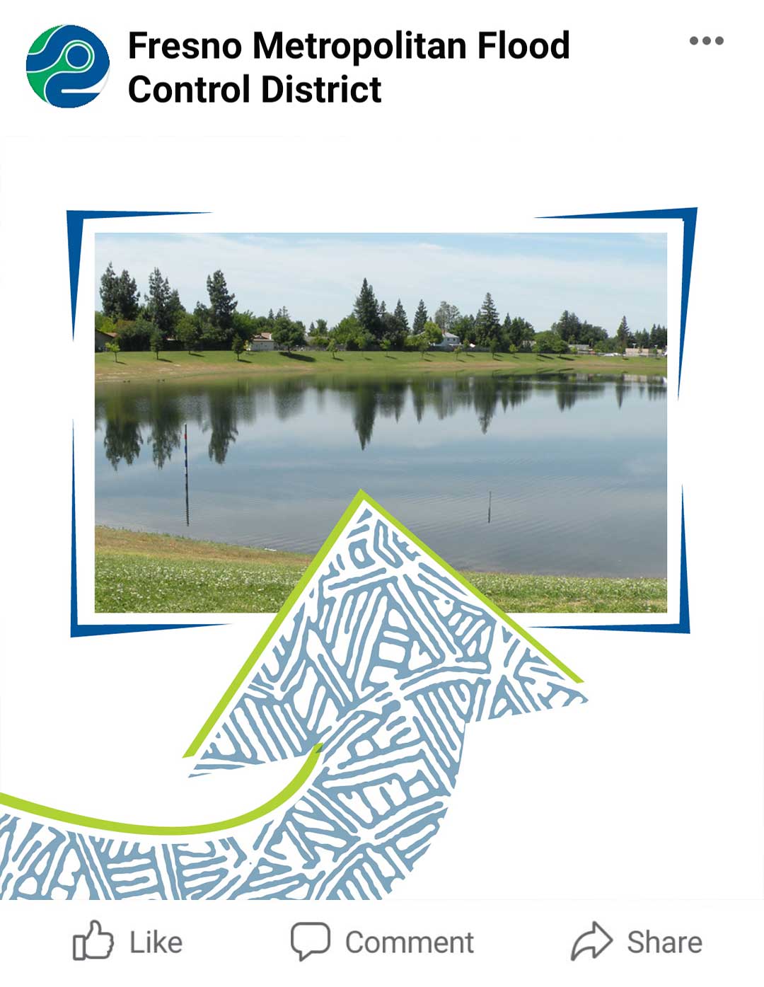 Graphic by the Fresno Metropolitan Flood Control District with an arrow pointed right and angling up into a photo of a Fresno-area ponding basin