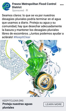 Spanish-language Facebook social media ad for the Fresno Metropolitan Flood Control District with a graphic showing that whatever trash goes down storm drains may end up in drinking water