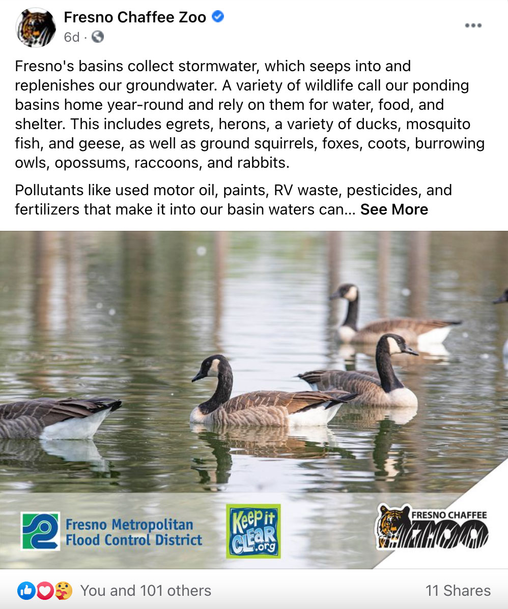 Facebook social post screenshot of the Fresno Chaffee Zoo reminding the public about keeping pollutants out of storm drains and stormwater basins to avoid harming wildlife