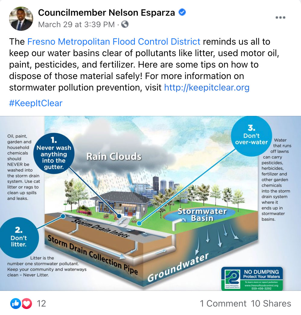 Facebook social post screenshot of Fresno City Councilmember Nelson Esparza reminding the public about keeping pollutants out of storm drains and stormwater basins