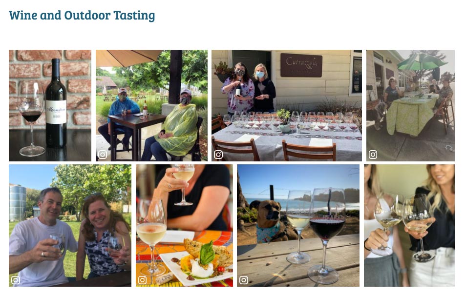 A grid of 8 photos depicting different spots to enjoy wine in Cambria, California