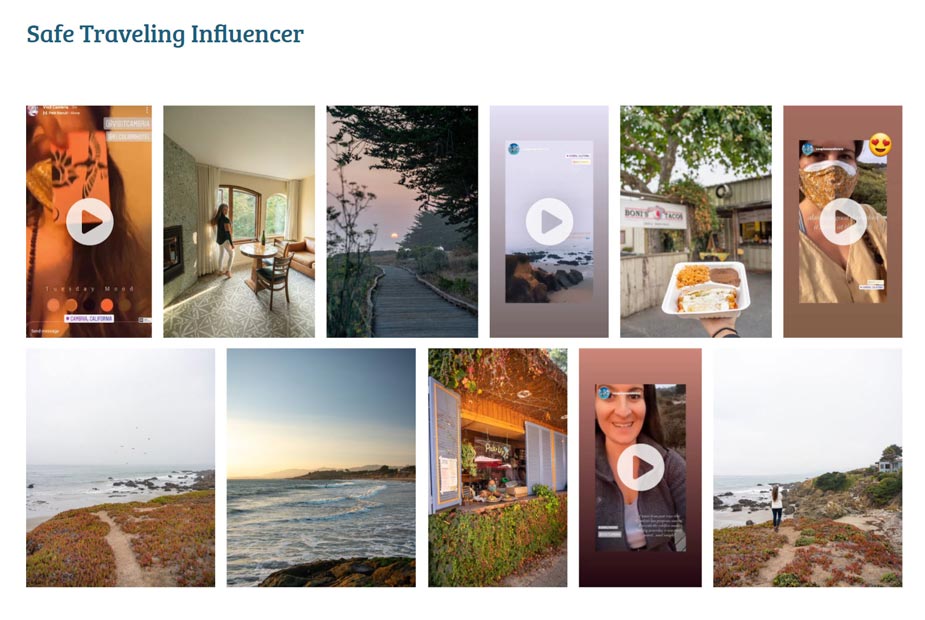 A grid of 11 images, four of them videos, depicting an influencer's visit to Cambria, California.