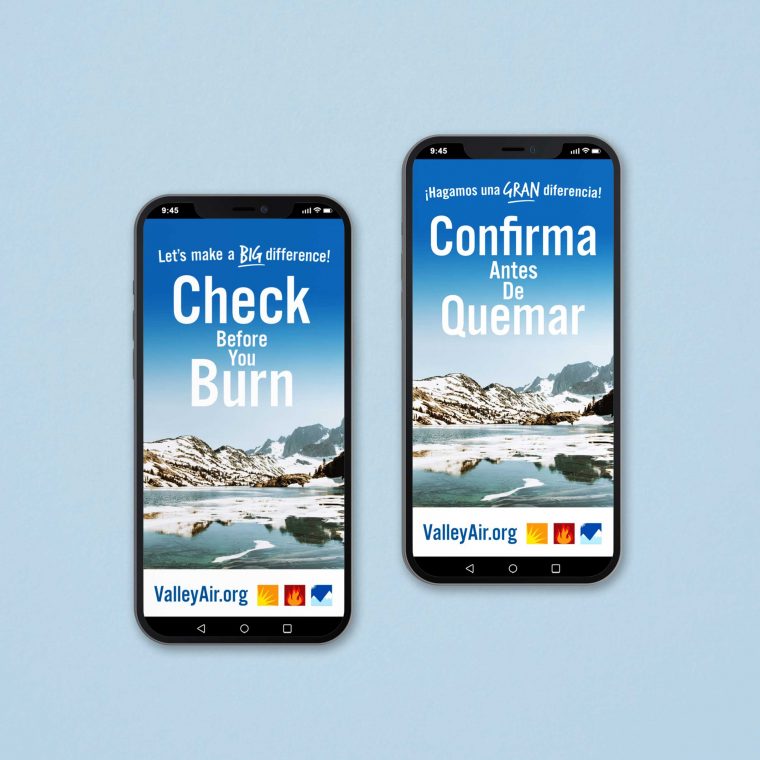 Two smartphones on a light blue background showing mobile versions of the Valley Air District website, one screen in English and the other in Spanish