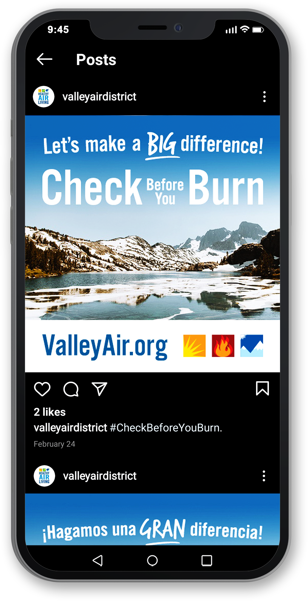 Smartphone on a transparent background showing the Valley Air District's Instagram feed stopped on a post promoting its Check Before You Burn campaign