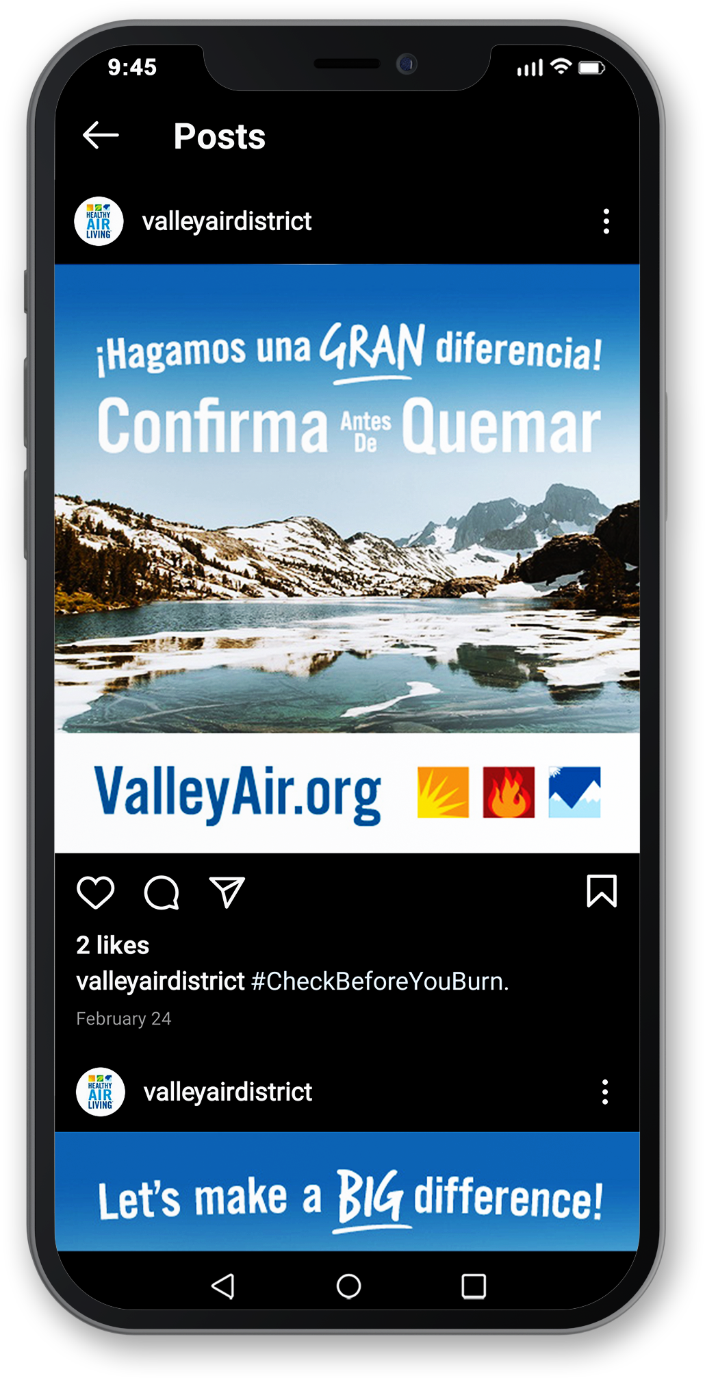Smartphone on a transparent background showing the Valley Air District's Instagram feed stopped on a Spanish-language post promoting its Check Before You Burn campaign