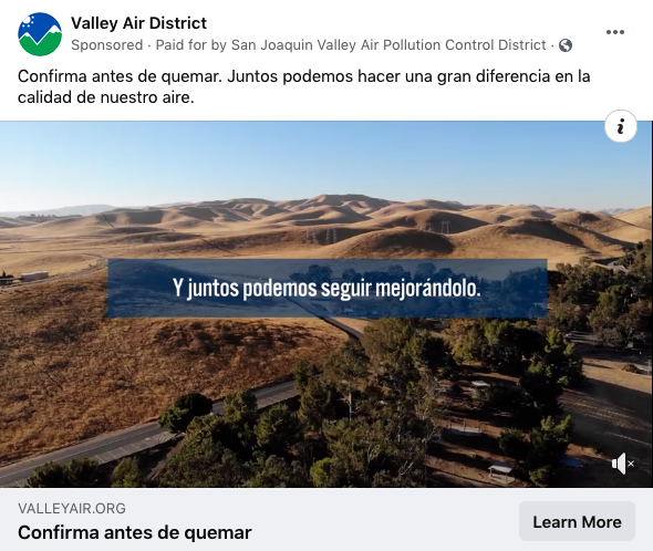 Valley Air District Spanish language Facebook social ad promoting its Check Before You Burn program