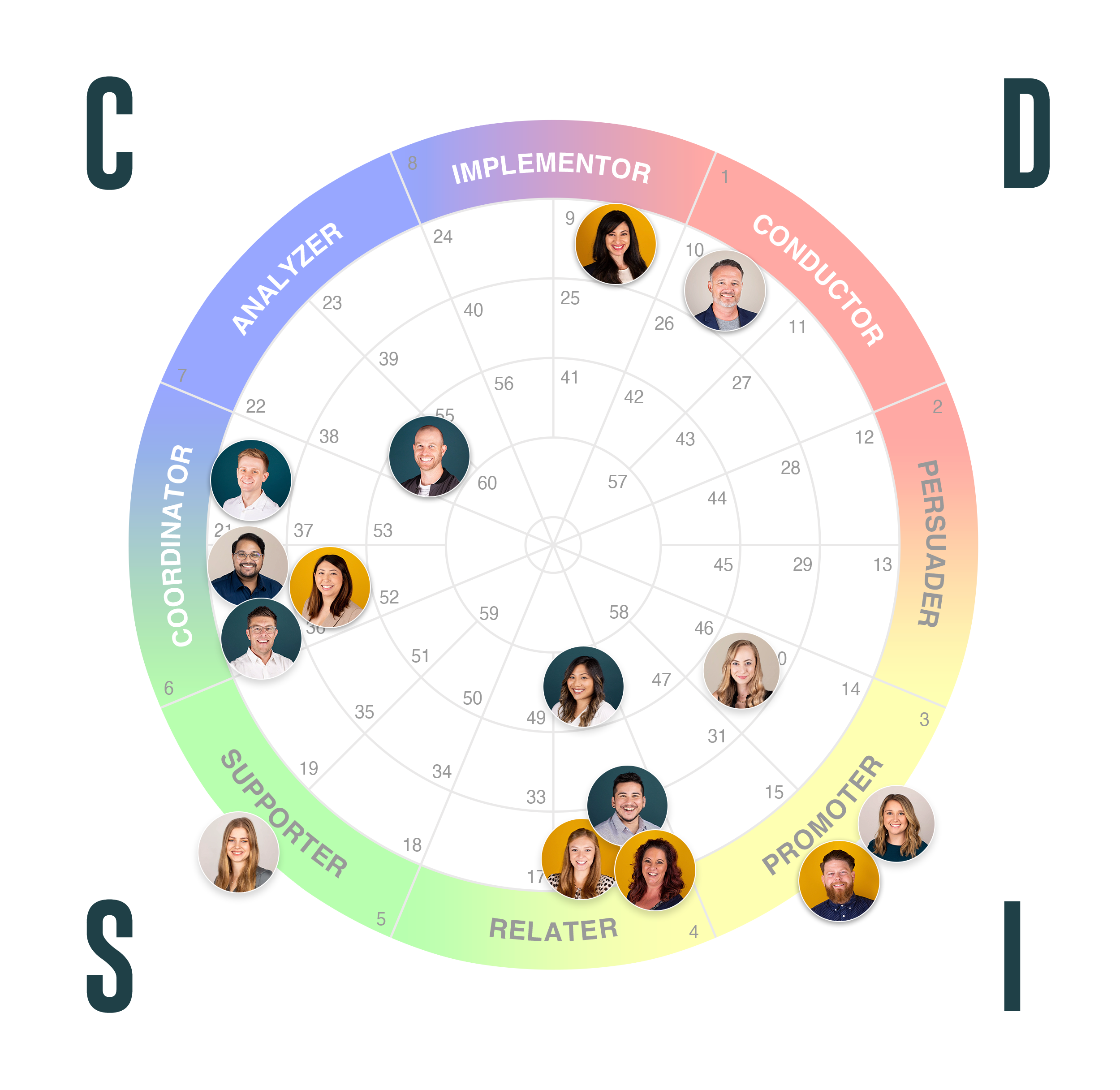 A DISC behavioral assessment circular chart depicting each Archer & Hound staff member's face on where their behavioral style is located