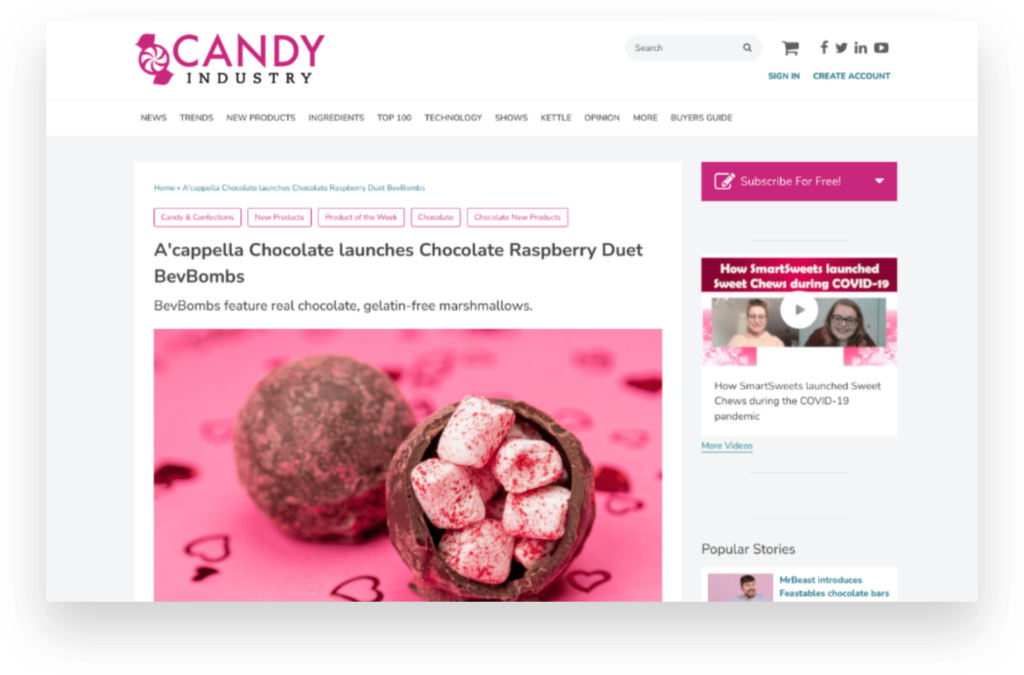 Candy Industry story screenshot of a newly released Valentine's Day A'cappella Chocolates BevBombs flavor